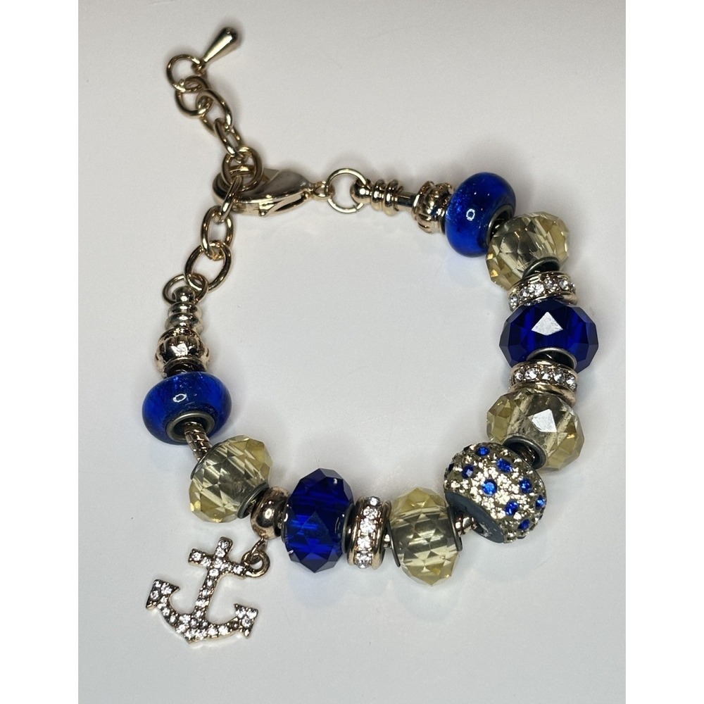 Royal Blue Rhinestone Charm Bracelet Glass Bead Anchor Adjustable Nautical
